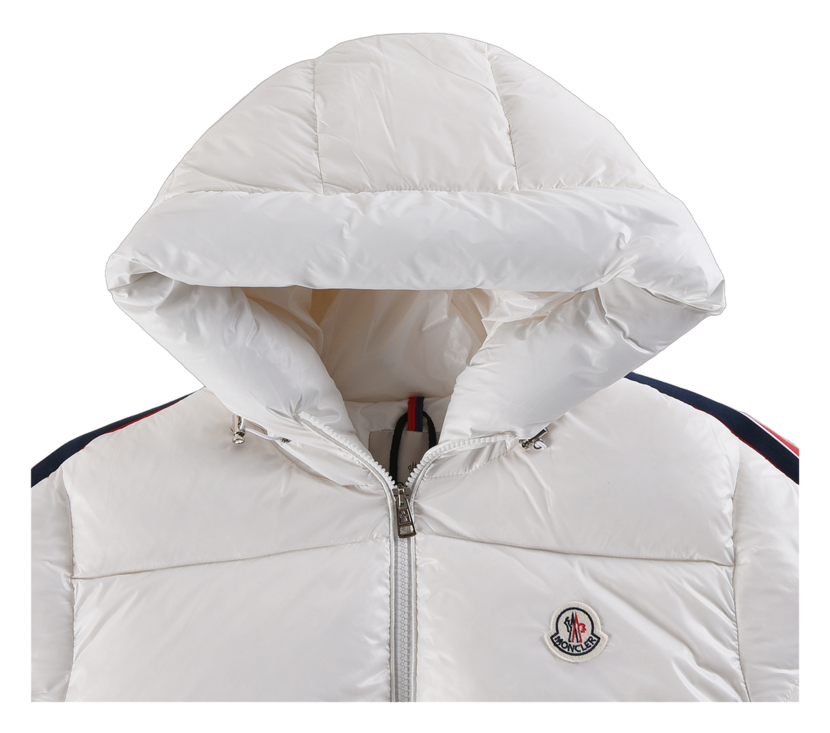 Moncler Tricolour Sleeve-Stripe Hooded Down Jacket - White