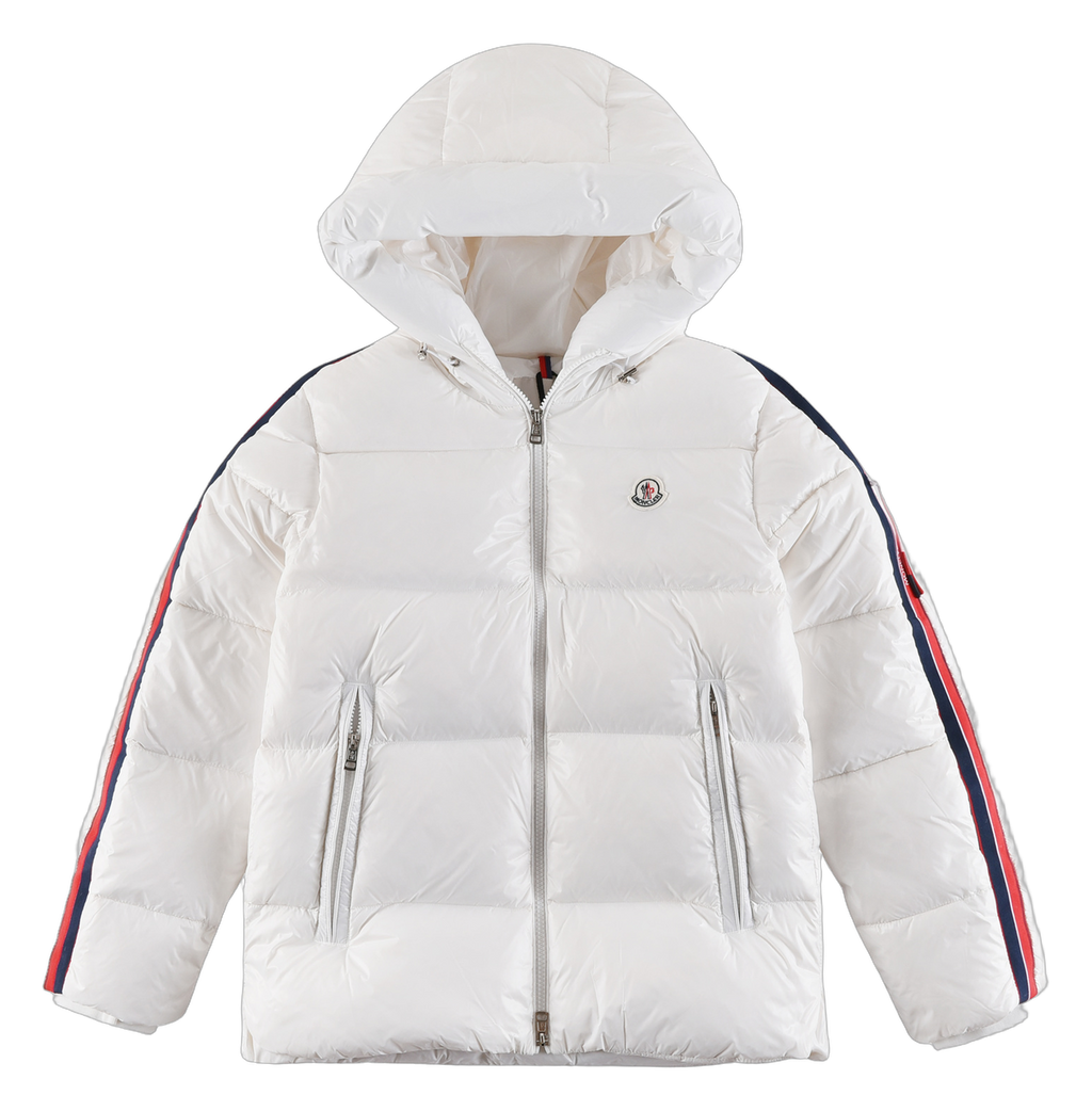 Moncler Tricolour Sleeve-Stripe Hooded Down Jacket - White