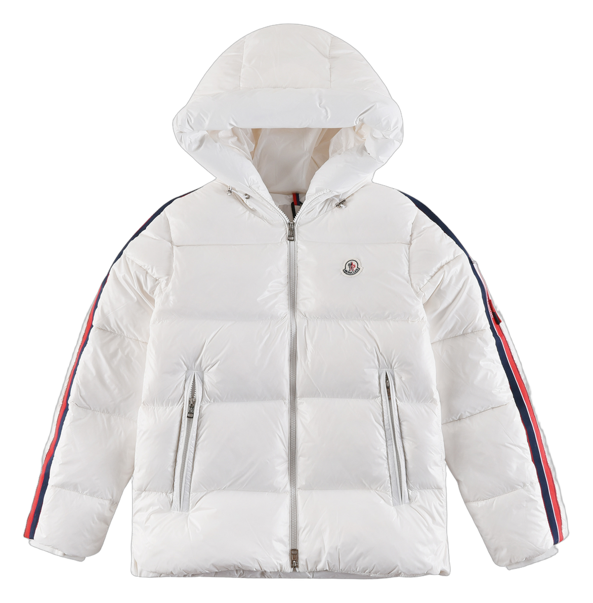 Moncler Tricolour Sleeve-Stripe Hooded Down Jacket - White