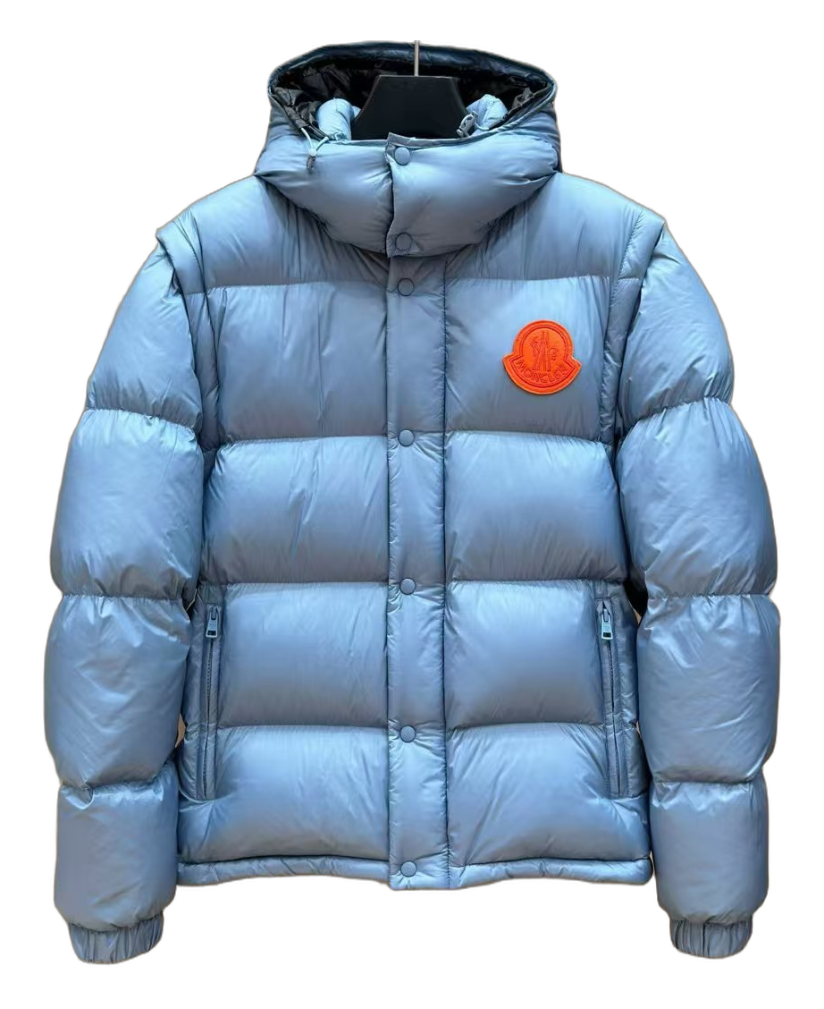 Moncler Orange-Badge Hooded Down Puffer Jacket in Ice Blue