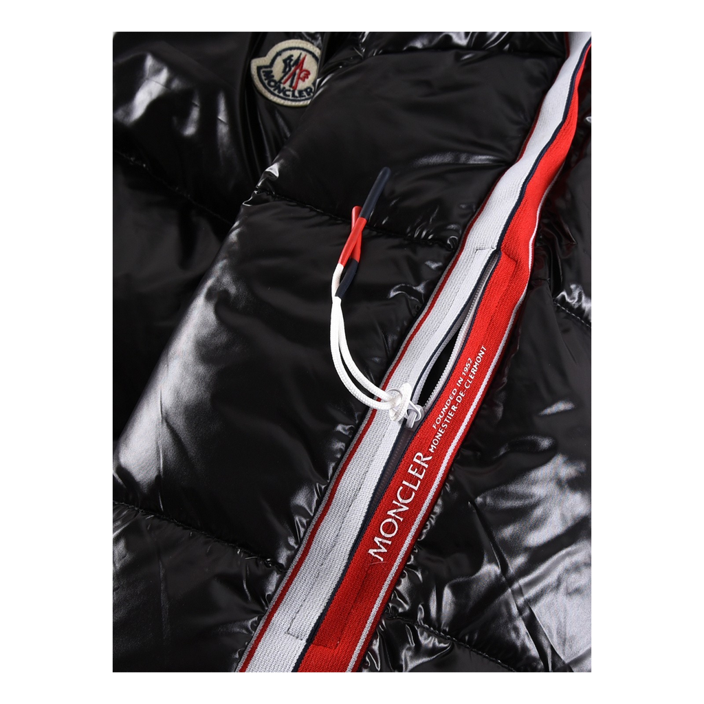 Moncler Tricolour Sleeve-Stripe Glossy Hooded Down Jacket