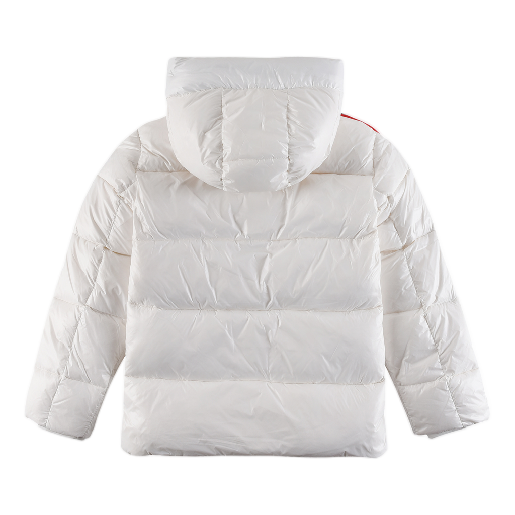Moncler Tricolour Sleeve-Stripe Glossy Hooded Down Jacket
