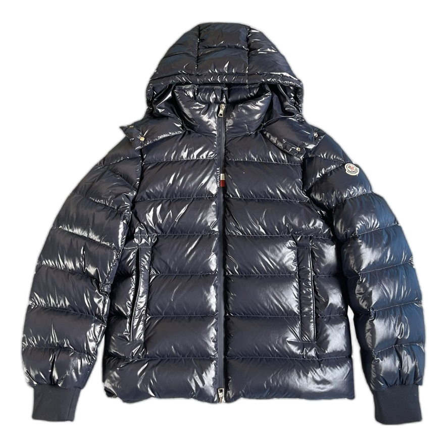 Moncler Logo-Zip Glossy Hooded Down Puffer Jacket - Navy