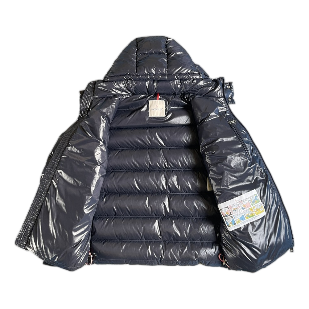Moncler Logo-Zip Glossy Hooded Down Puffer Jacket - Navy