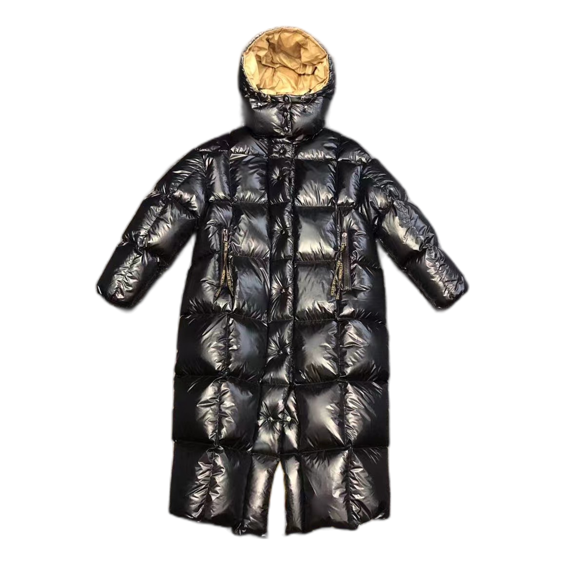 Moncler Gold-Lined Glossy Long Down Puffer Coat - Black