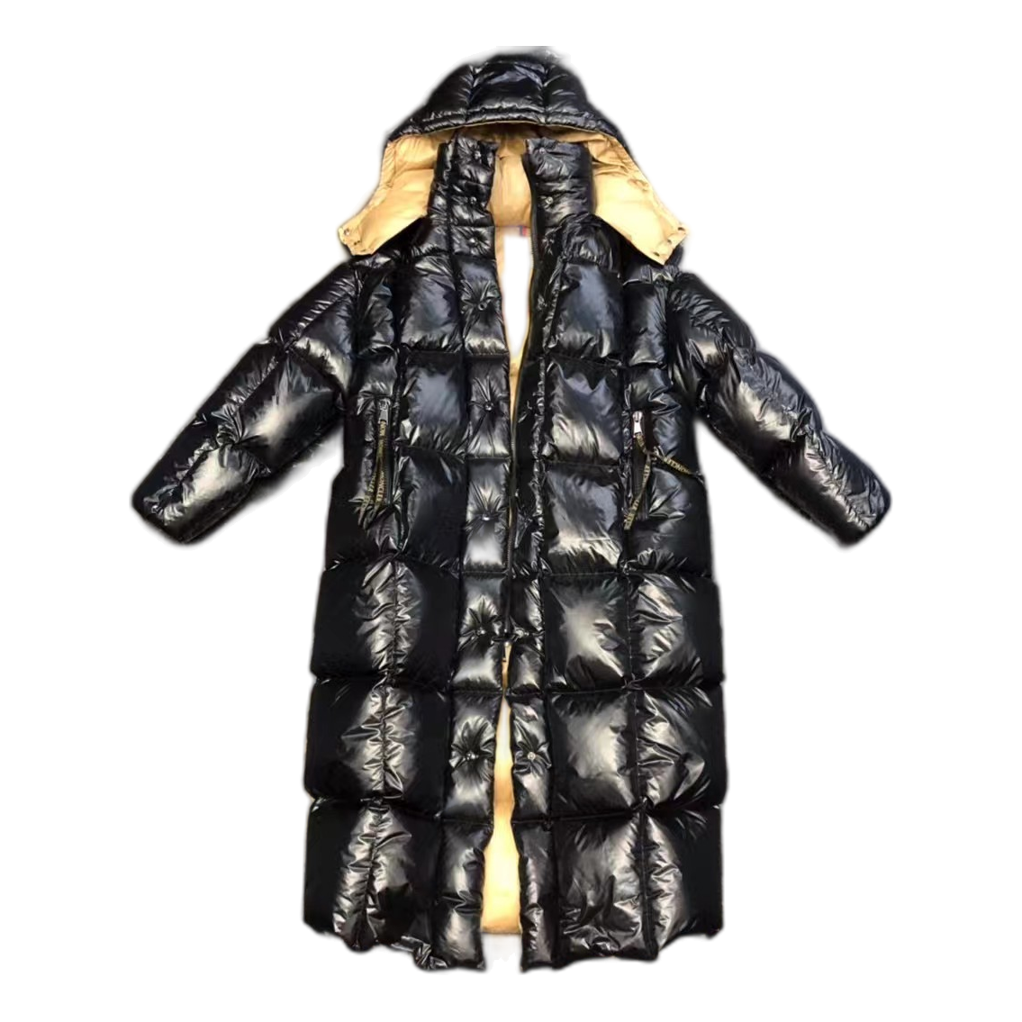 Moncler Gold-Lined Glossy Long Down Puffer Coat - Black
