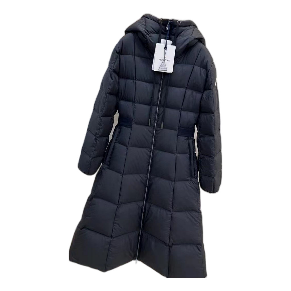 Moncler Fitted Long Down Puffer Coat with Drawstring Hood - Black