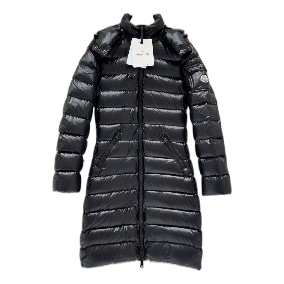 Moncler Narrow-Quilt Long Down Coat with Fur-Trim Hood in Black