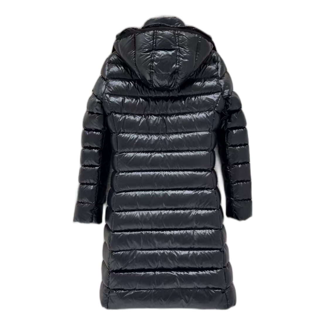 Moncler Narrow-Quilt Long Down Coat with Fur-Trim Hood in Black