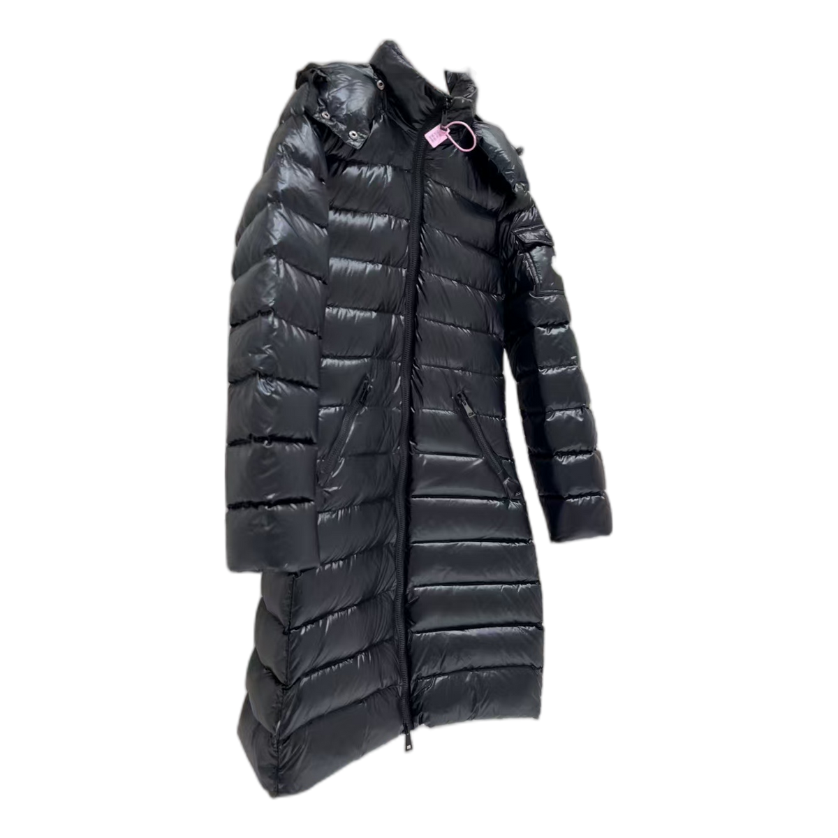 Moncler Narrow-Quilt Long Down Coat with Fur-Trim Hood in Black