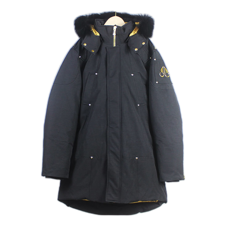 Moose Knuckles Stag Lake Gold-Trim Fur-Hood Parka in Black