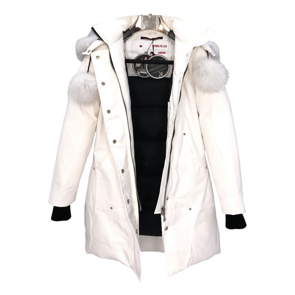 Moose Knuckles Stirling Down Parka with White Fur Trim & Pom-Pom