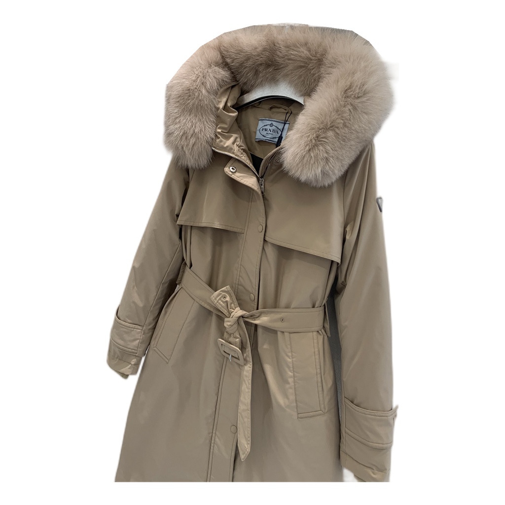 Prada Belted Faux Fur-Trim Hooded Coat - Beige