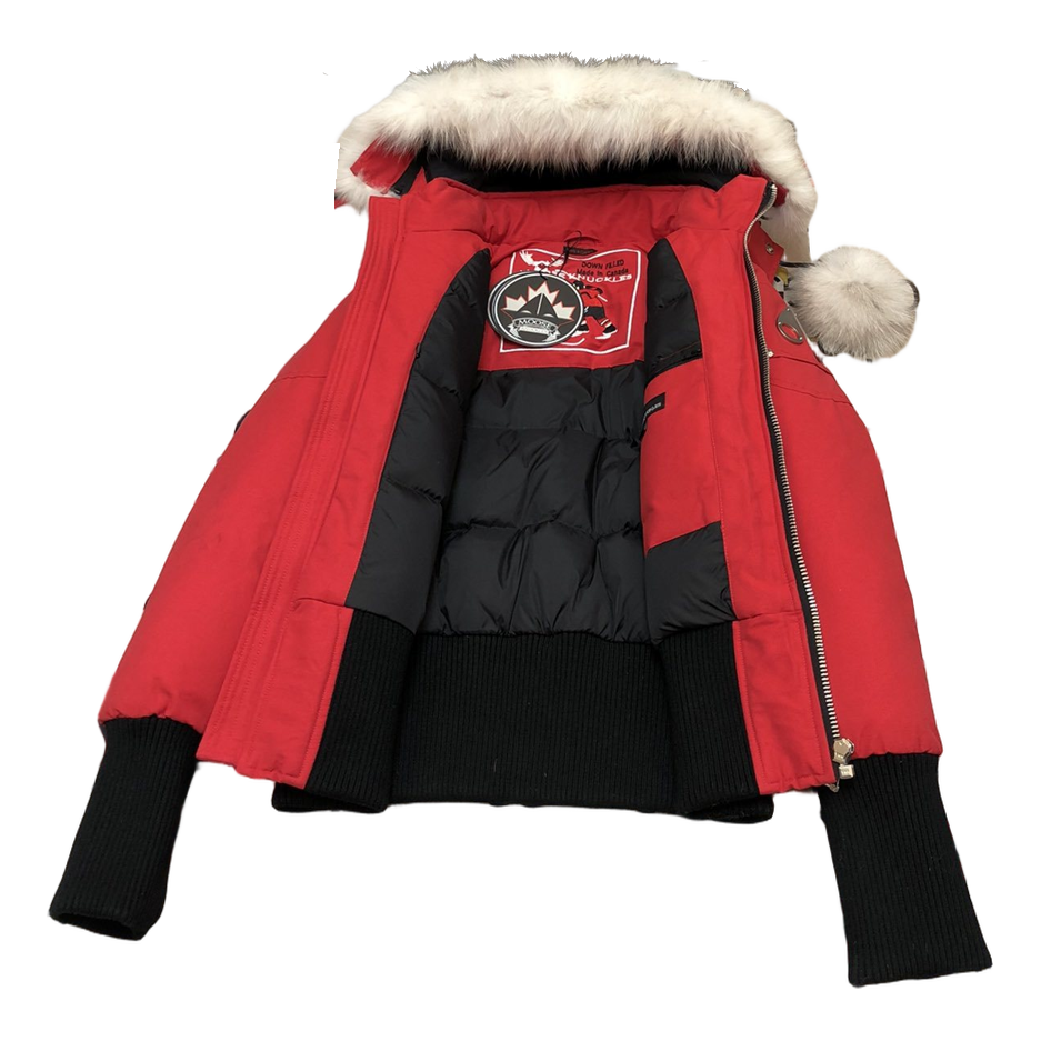 Moose Knuckles Debbie Pom-Pom Hooded Down Bomber Jacket - Red