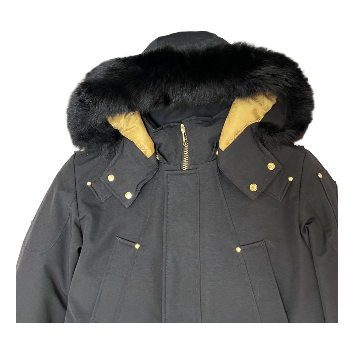 Moose Knuckles Gold-Lined Fur-Trim Long Down Parka - Black