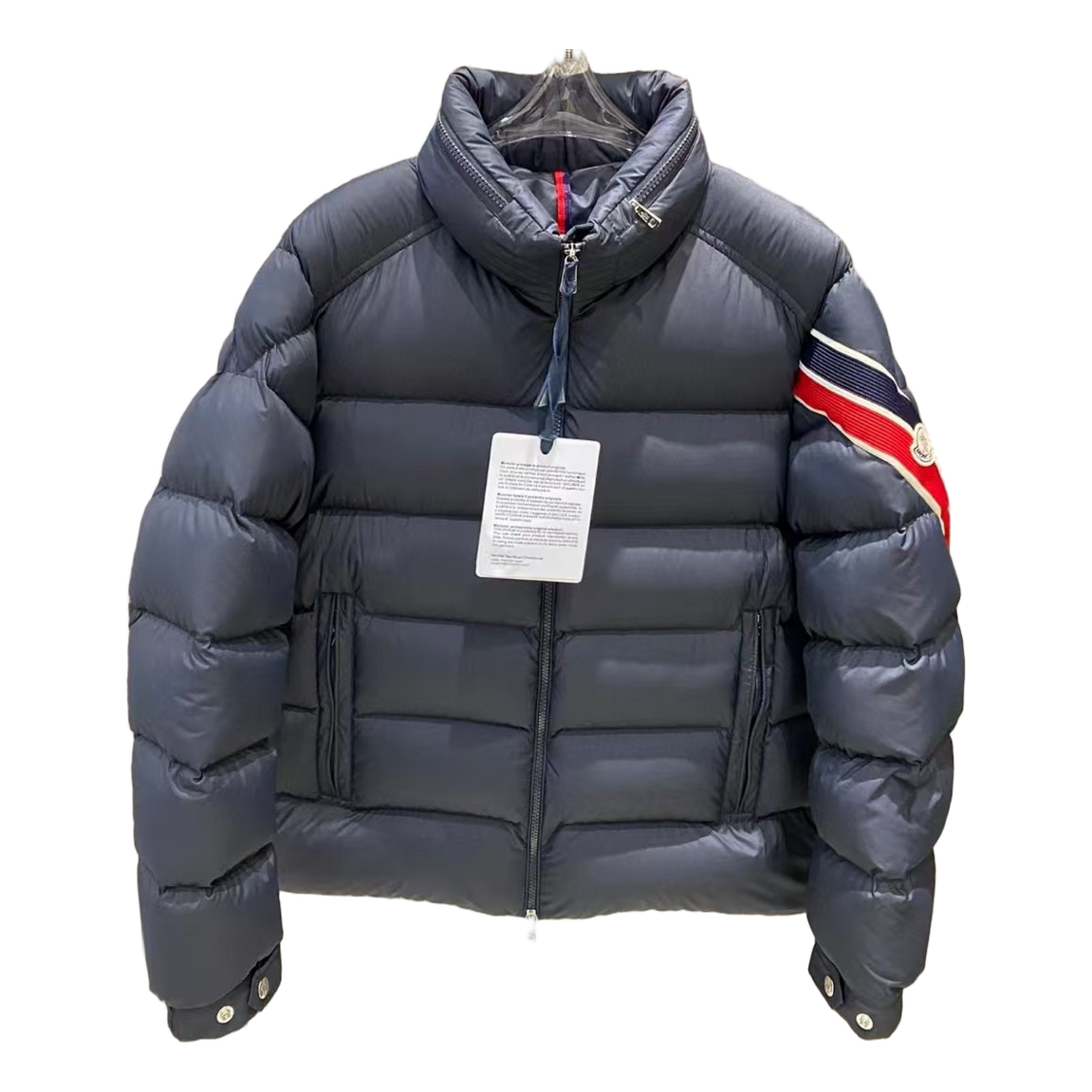 Moncler Tricolour Sleeve-Band Stand-Collar Down Jacket - Navy