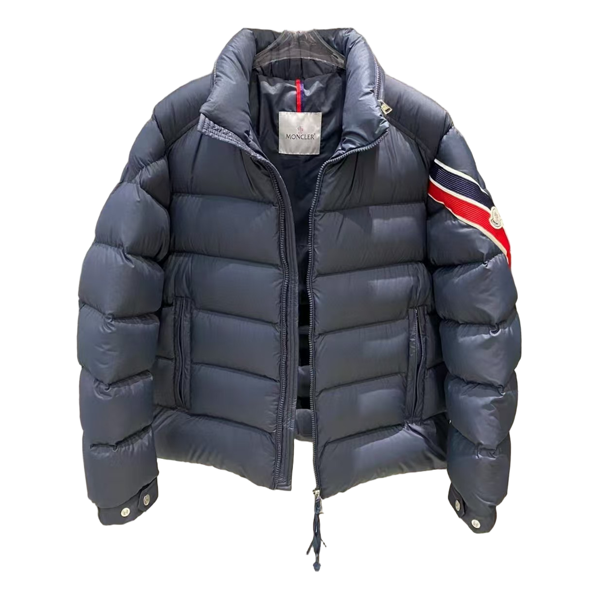 Moncler Tricolour Sleeve-Band Stand-Collar Down Jacket - Navy