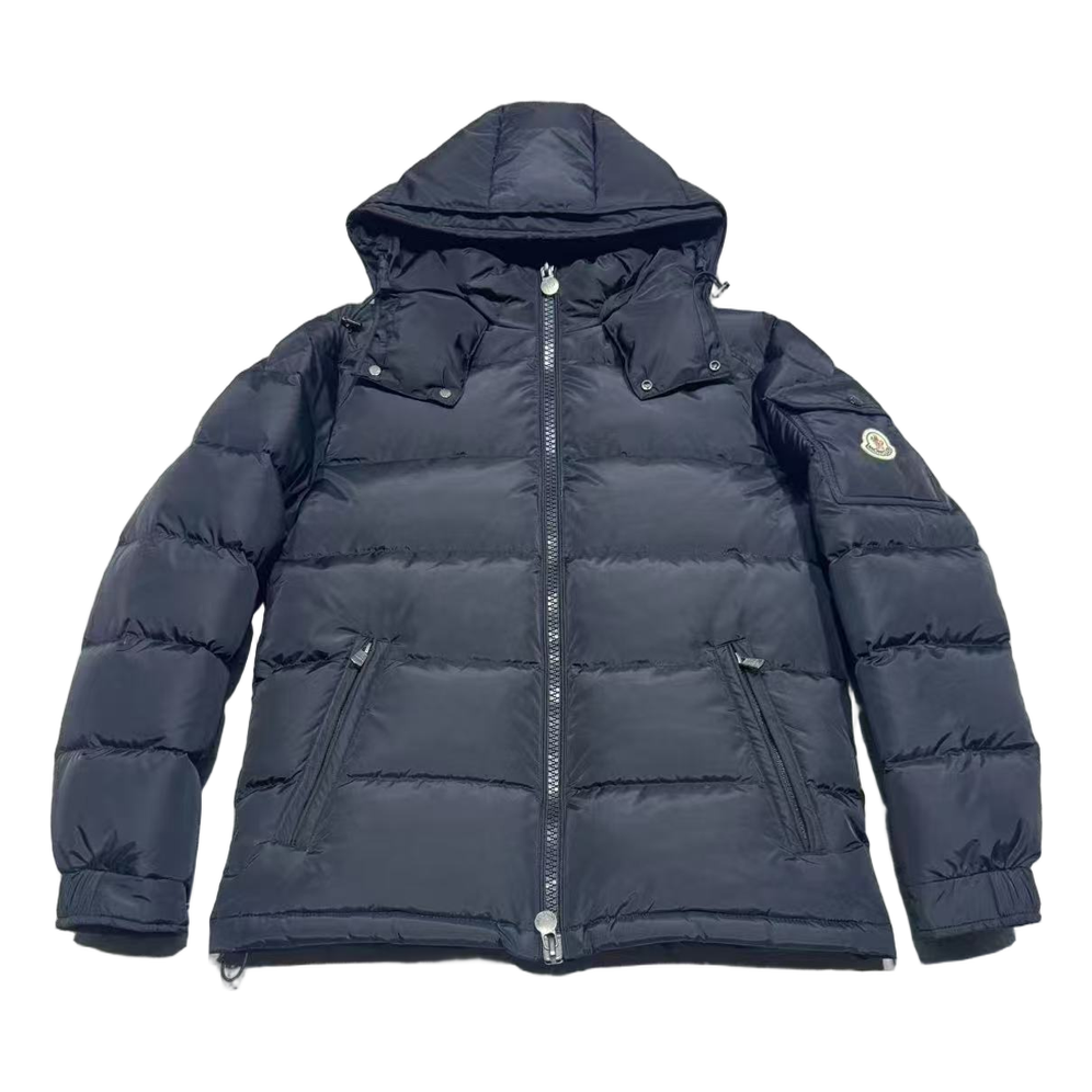 Moncler Hooded Down Puffer Jacket with Sleeve Pocket in Navy
