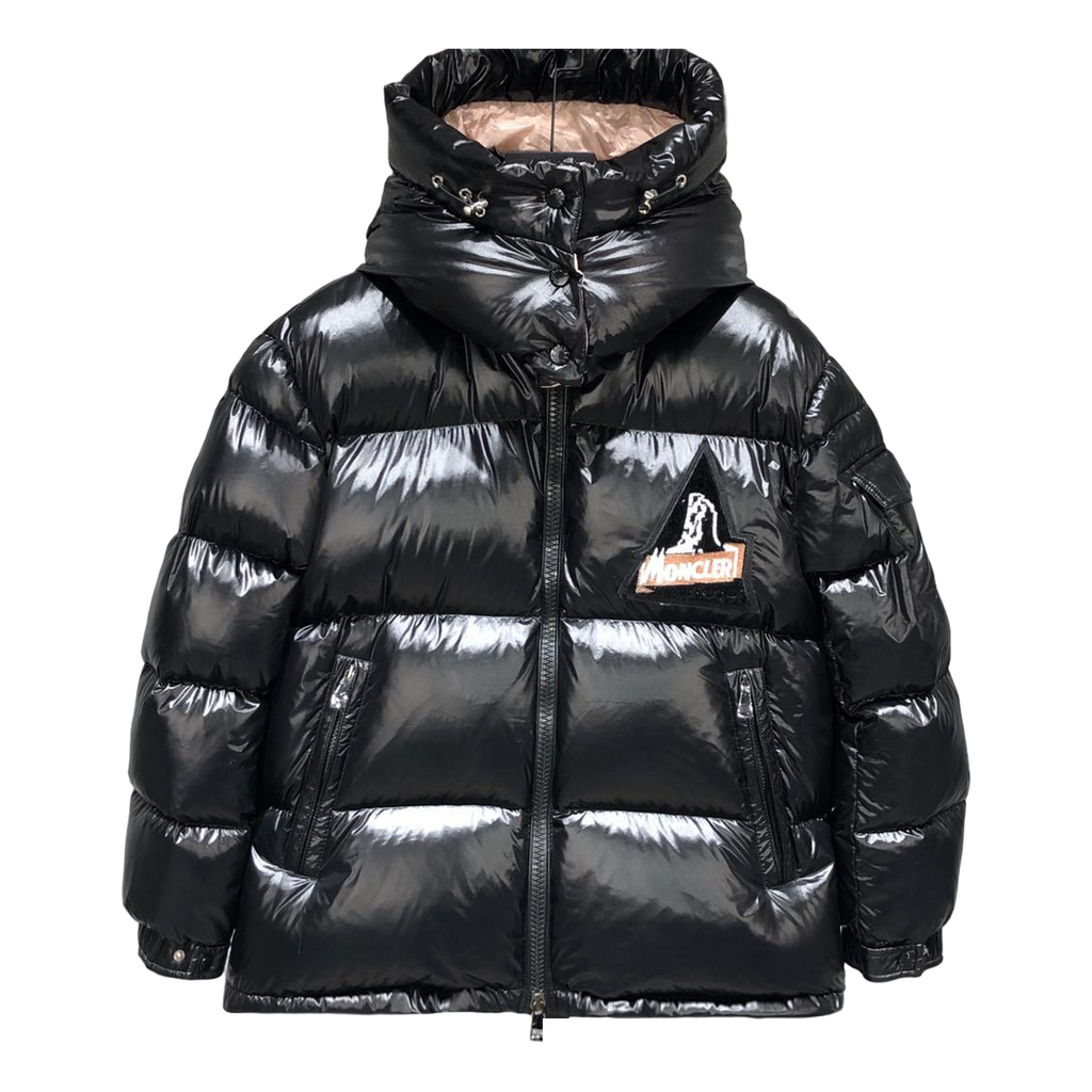 Moncler Glossy Short Down Puffer Jacket with Mountain Badge in Black
