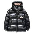 Moncler Glossy Short Down Puffer Jacket with Mountain Badge in Black