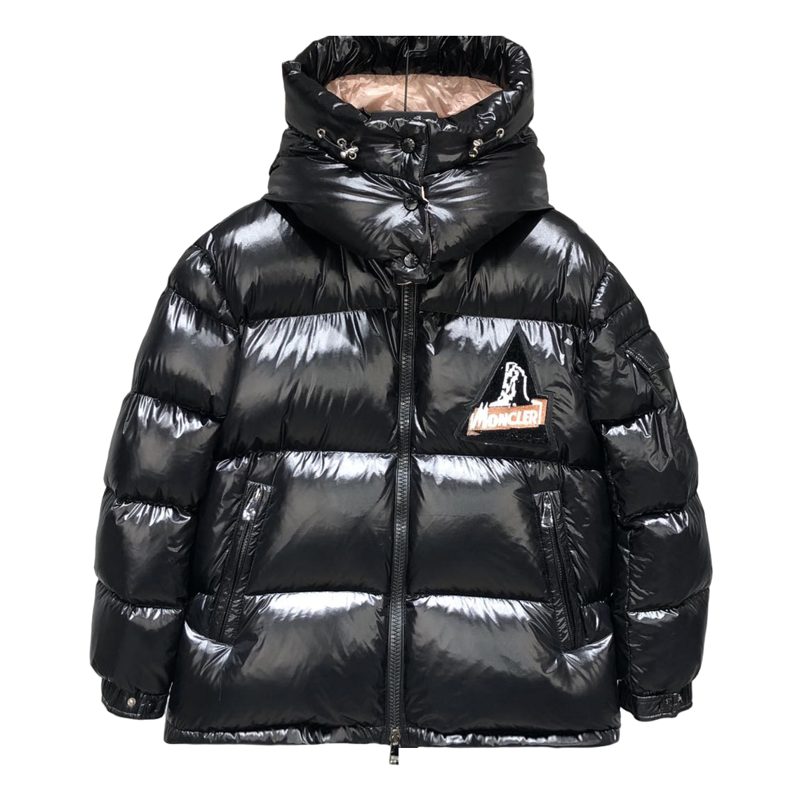 Moncler Glossy Short Down Puffer Jacket with Mountain Badge in Black