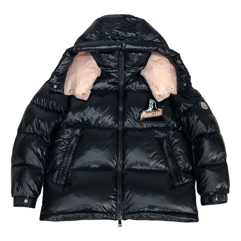 Moncler Glossy Short Down Puffer Jacket with Mountain Badge in Black