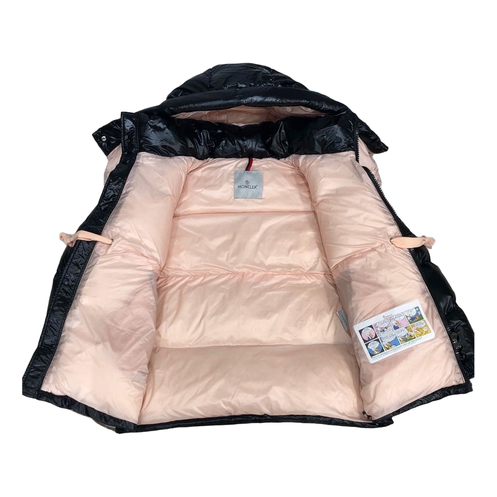 Moncler Glossy Short Down Puffer Jacket with Mountain Badge in Black