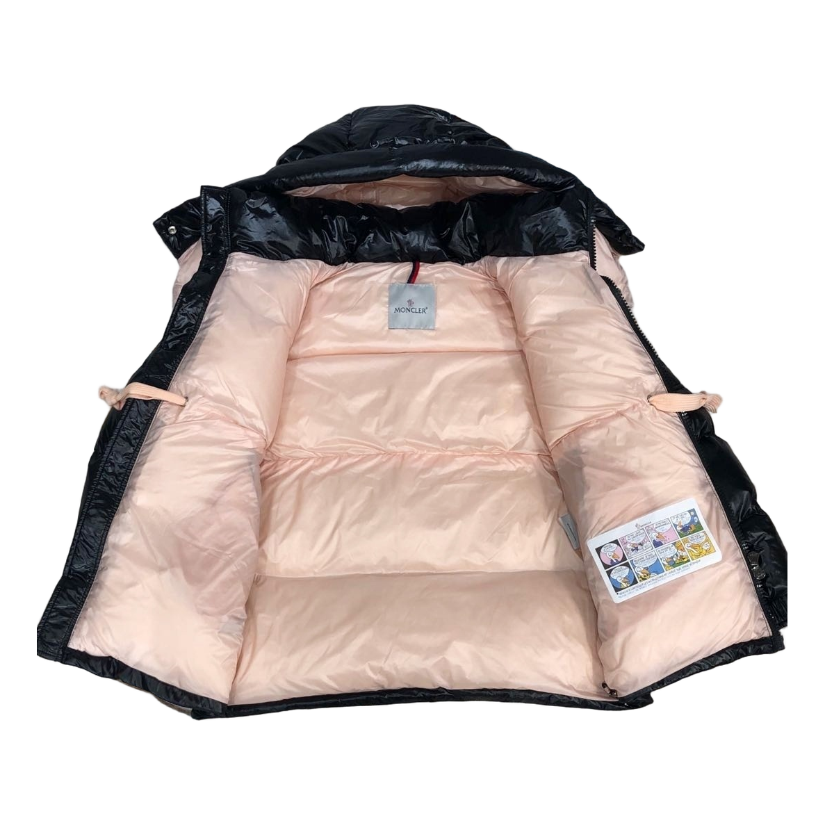 Moncler Glossy Short Down Puffer Jacket with Mountain Badge in Black