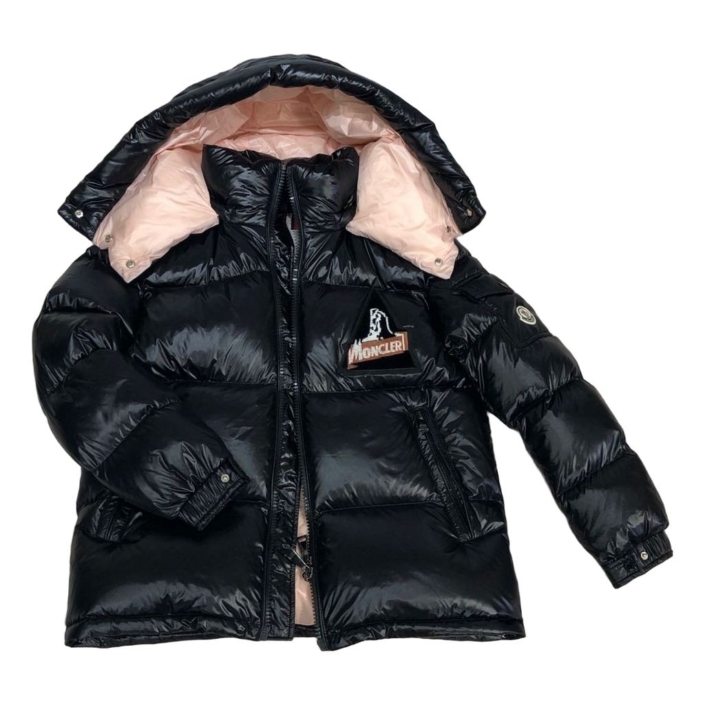 Moncler Glossy Short Down Puffer Jacket with Mountain Badge in Black