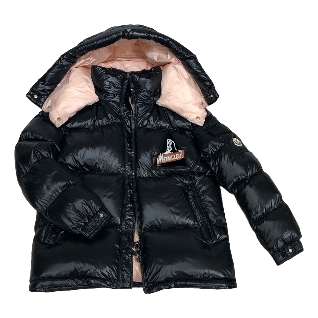 Moncler Glossy Short Down Puffer Jacket with Mountain Badge in Black