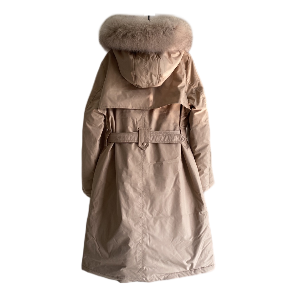 Prada Belted Faux Fur-Trim Hooded Coat - Blush Beige