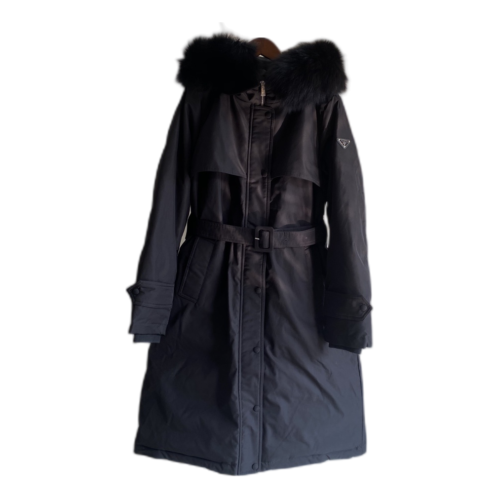 Prada Belted Faux Fur-Trim Hooded Coat - Black